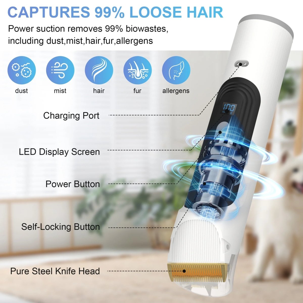 14Kpa Dog Grooming Kit & Vacuum, 2.5L Pet Hair Vacuum Suction MJ's Pet Closet