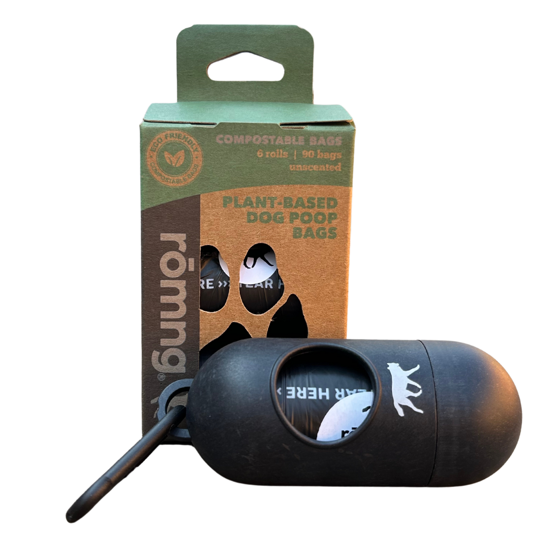 Compostable Dog Poop Bags + Bamboo Dispenser rōmng