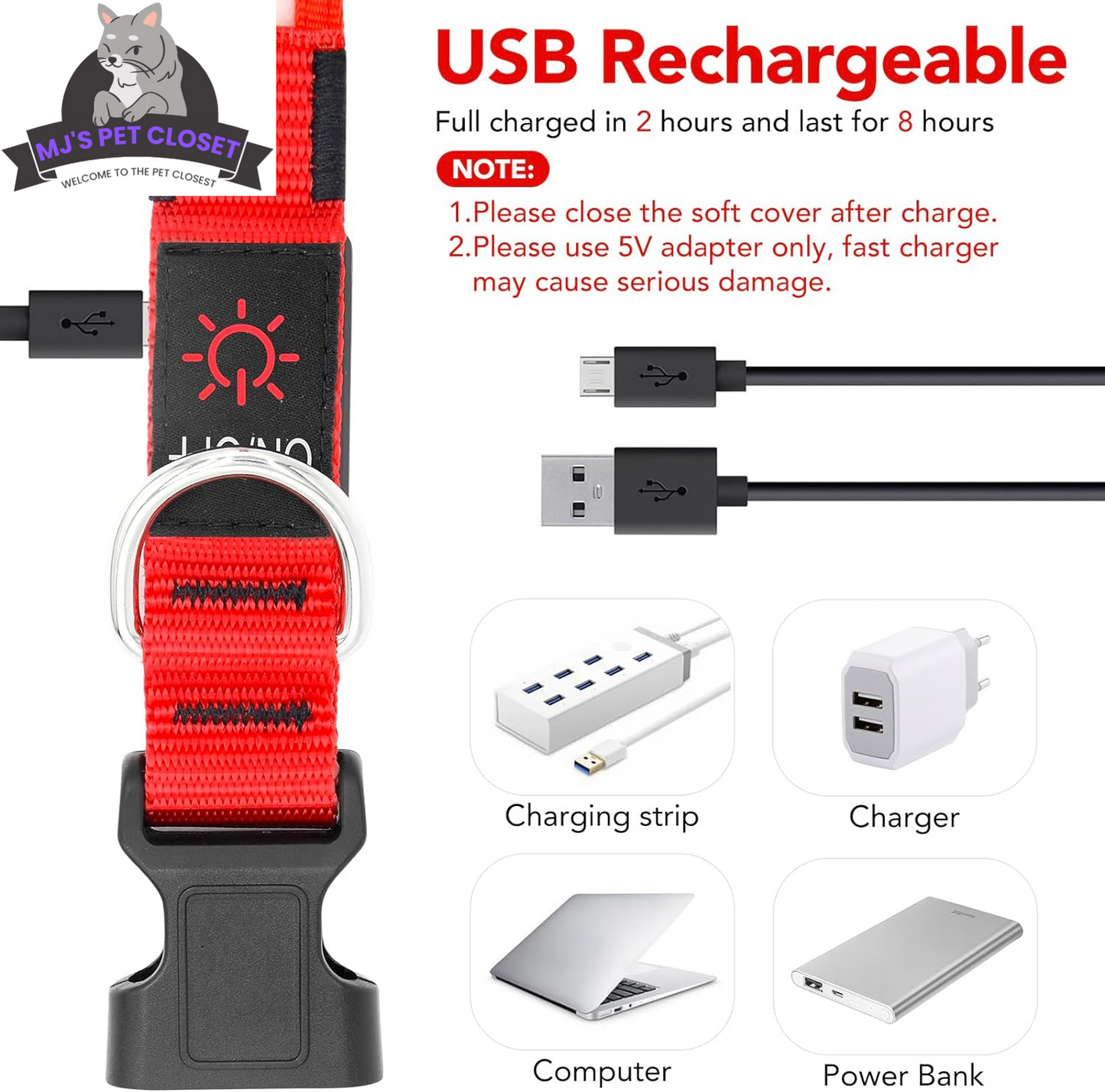 Brighten up your pup's night walks with our adjustable LED Dog Collar! 🌟 USB rechargeable & super safe! 🐾❤️ MJ's Pet Closet