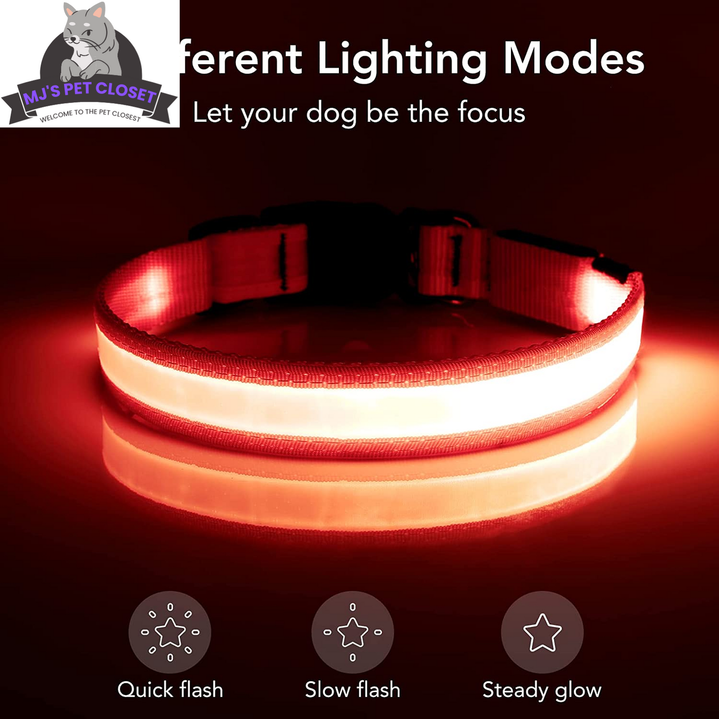 Brighten up your pup's night walks with our adjustable LED Dog Collar! 🌟 USB rechargeable & super safe! 🐾❤️ MJ's Pet Closet