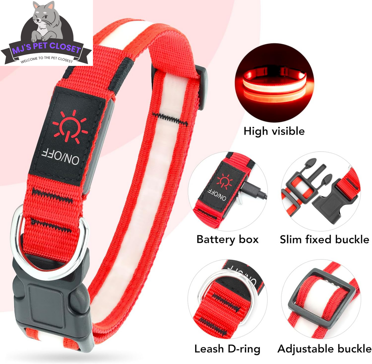 Brighten up your pup's night walks with our adjustable LED Dog Collar! 🌟 USB rechargeable & super safe! 🐾❤️ MJ's Pet Closet