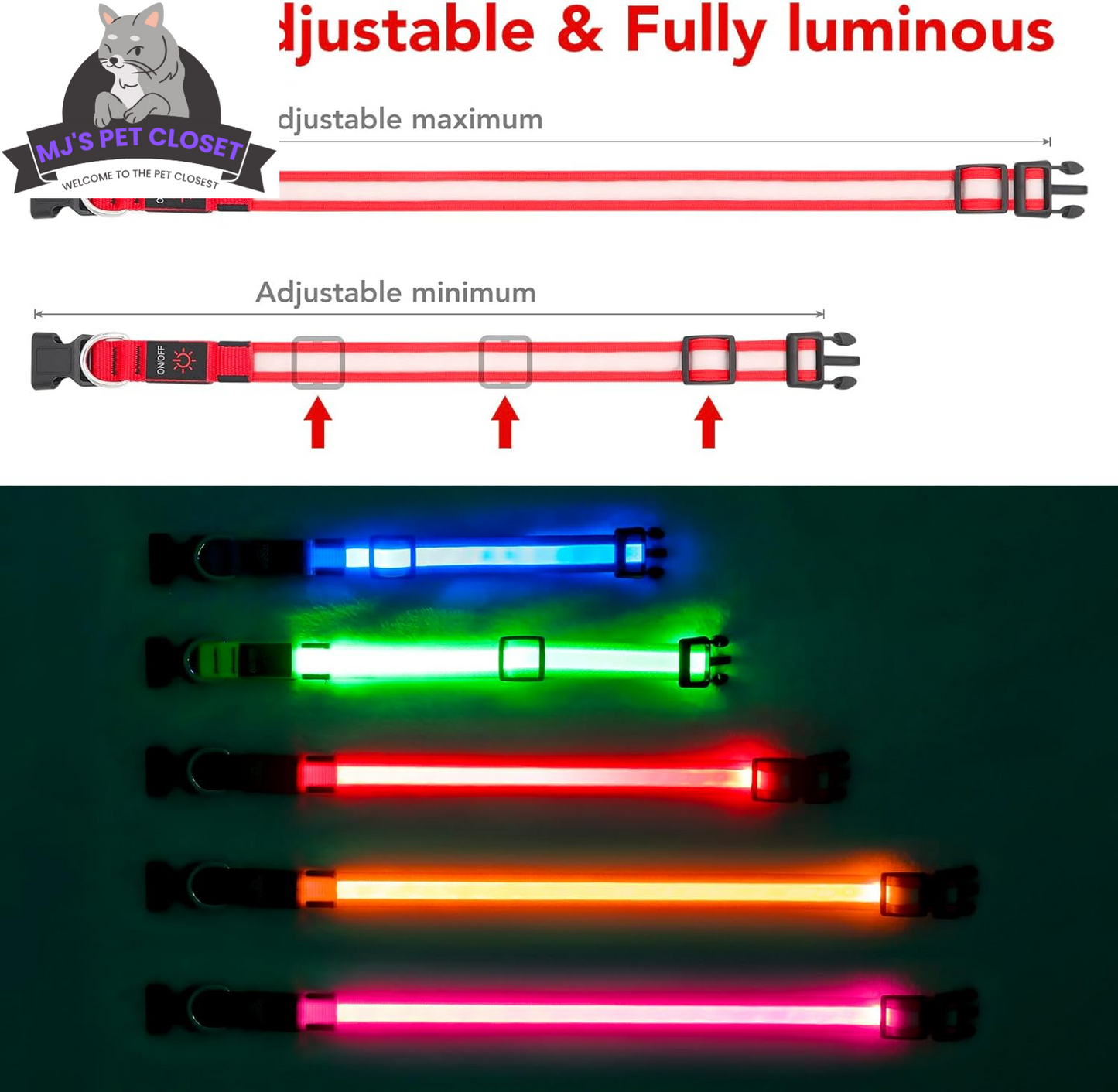 Brighten up your pup's night walks with our adjustable LED Dog Collar! 🌟 USB rechargeable & super safe! 🐾❤️ MJ's Pet Closet