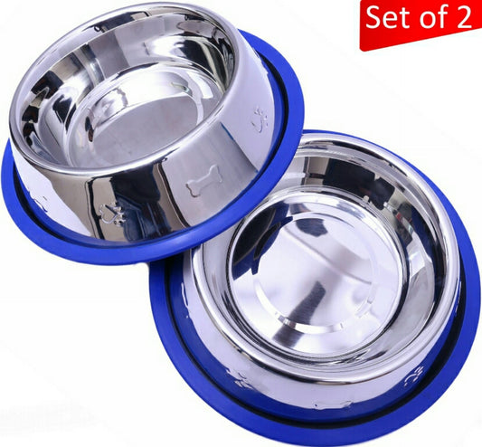 Set of 2 Etched Stainless Steel Dog Bowls with Blue Silicone Base Mr. Peanut's Pet Carriers