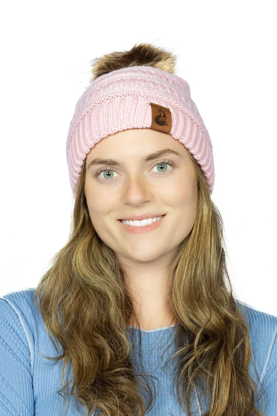 Dianthus Pink Ribbed Beanie with Pom Aria the Fox