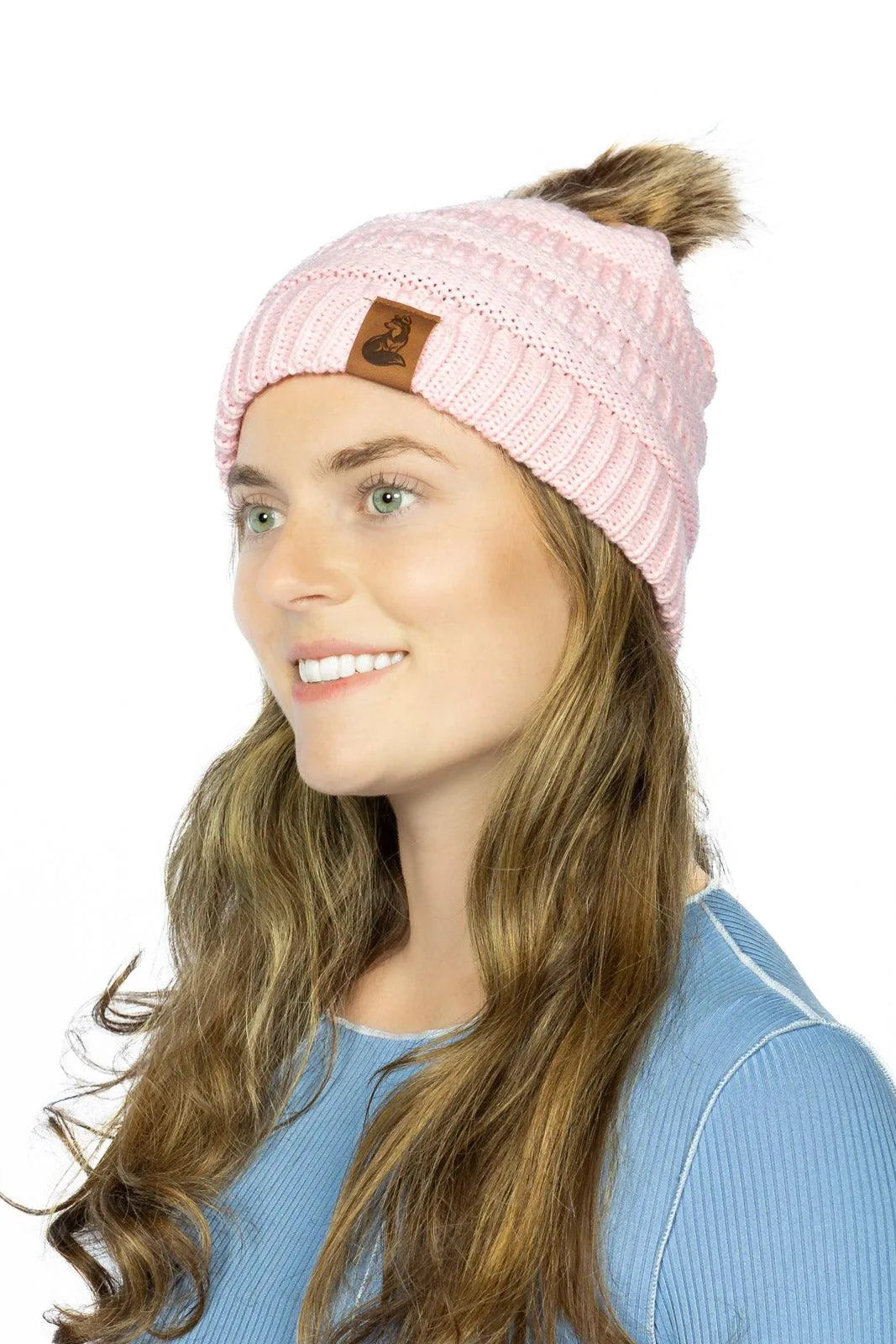 Dianthus Pink Ribbed Beanie with Pom Aria the Fox