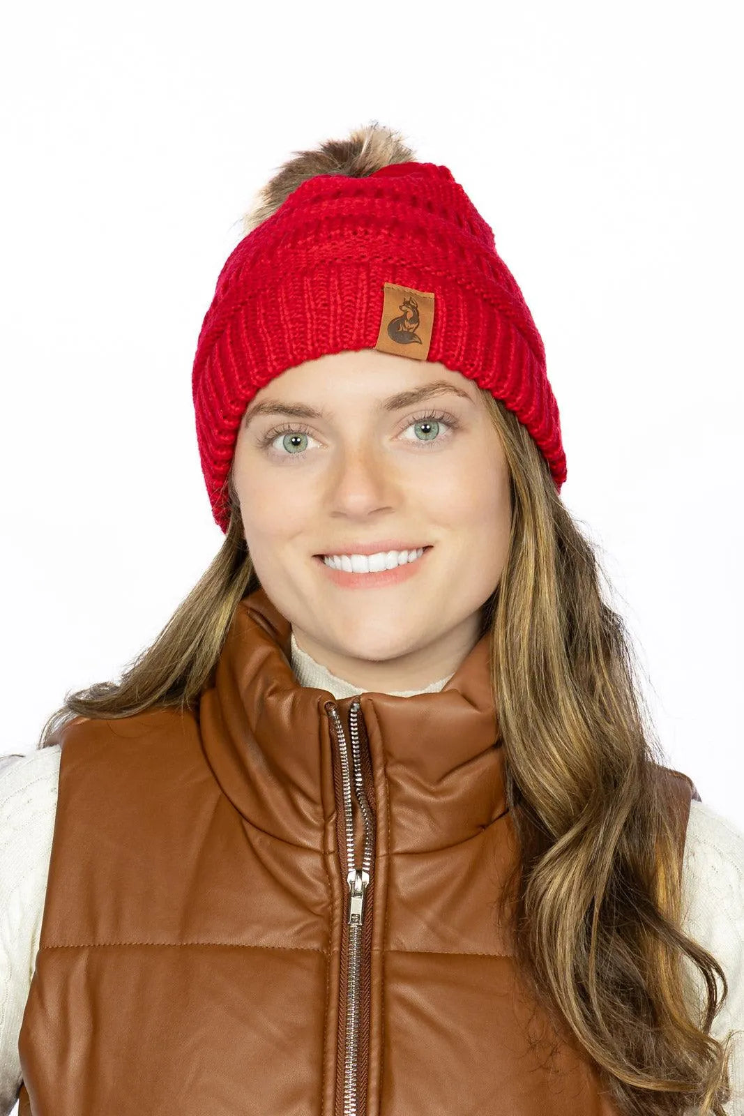 Scarlet Ribbed Beanie with Pom Aria the Fox