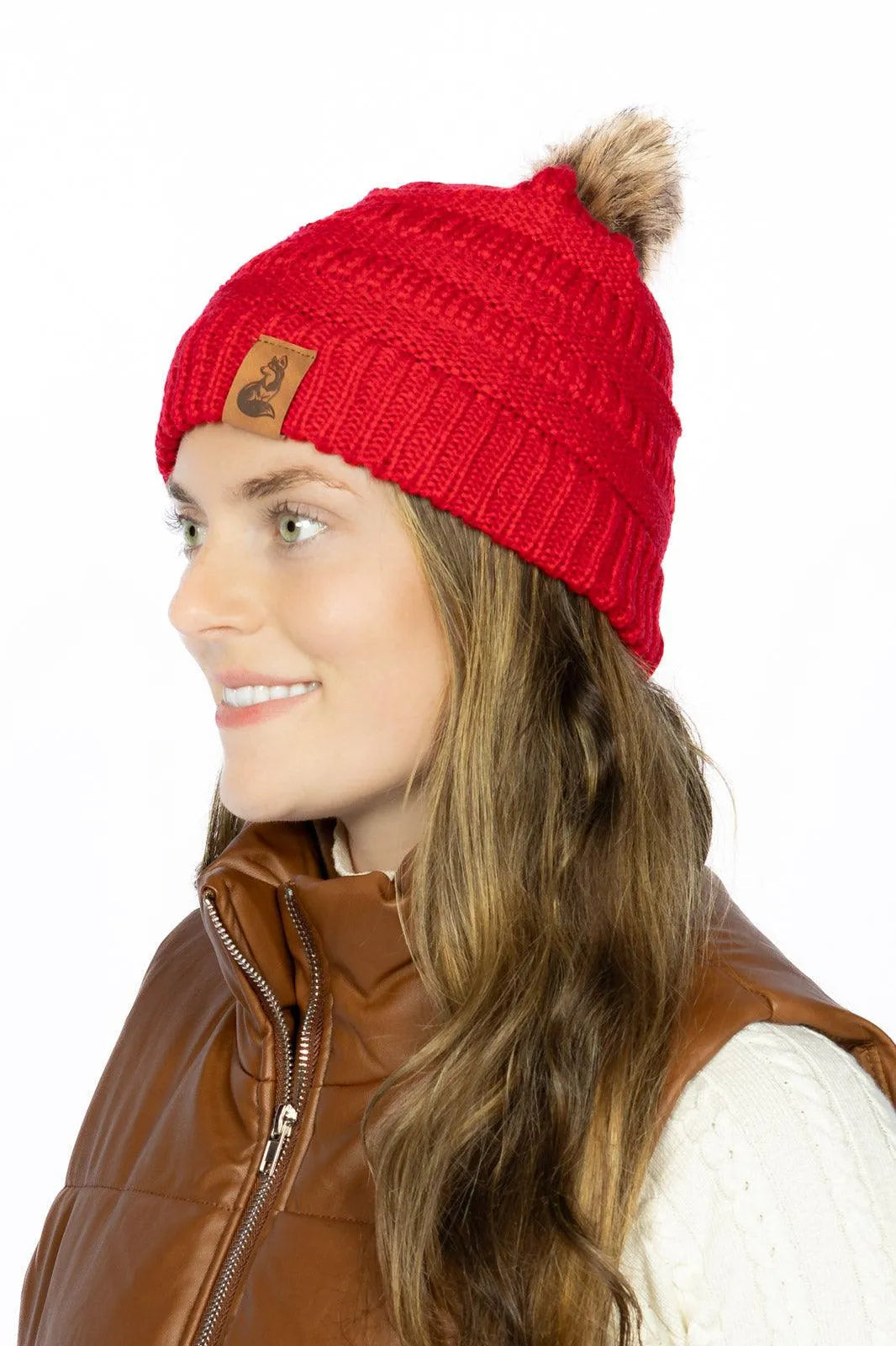 Scarlet Ribbed Beanie with Pom Aria the Fox