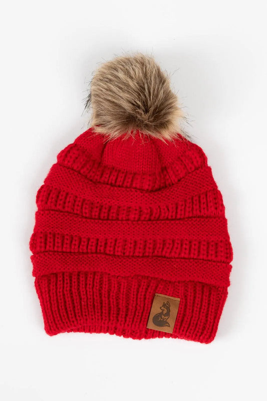 Scarlet Ribbed Beanie with Pom Aria the Fox