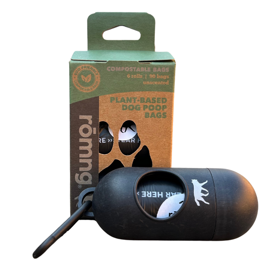 Compostable Dog Poop Bags + Bamboo Dispenser rōmng